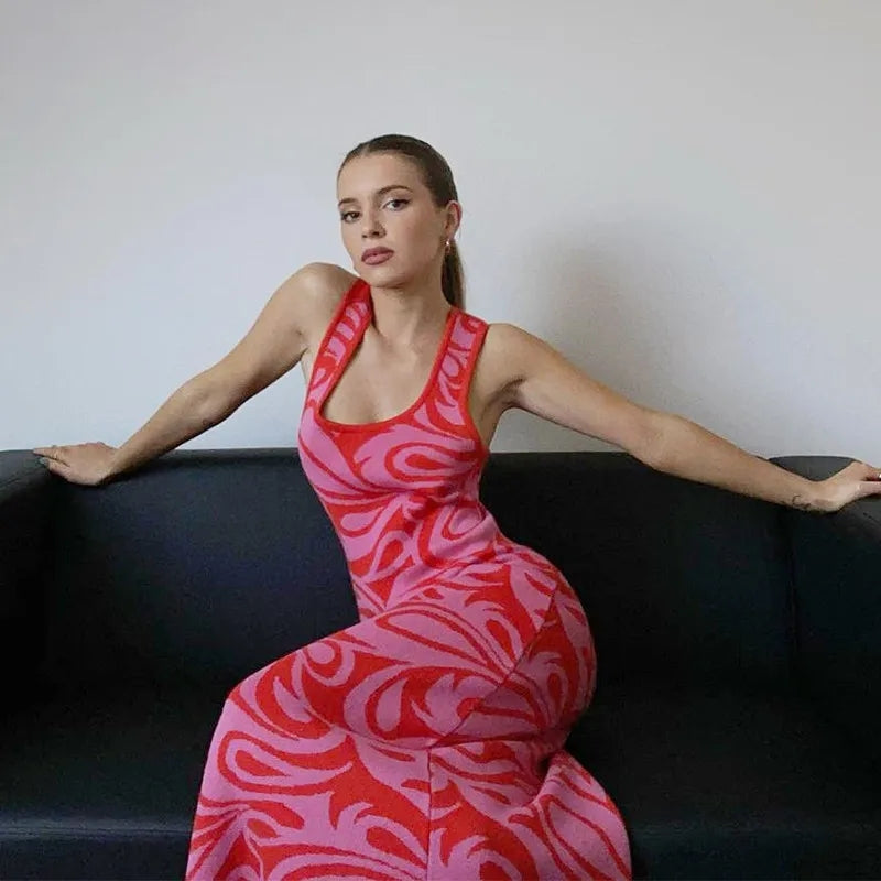 Pink & Red Pattern Criss Cross Split Hem Dress