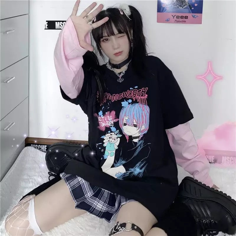 Goth Anime Girl Cartoon Print Loose Casual Sweatshirt Sweater Long Sleeve Shirt Pullover Jumper E-Girl Kawaii Korean Japanese Harajuku Streetwear