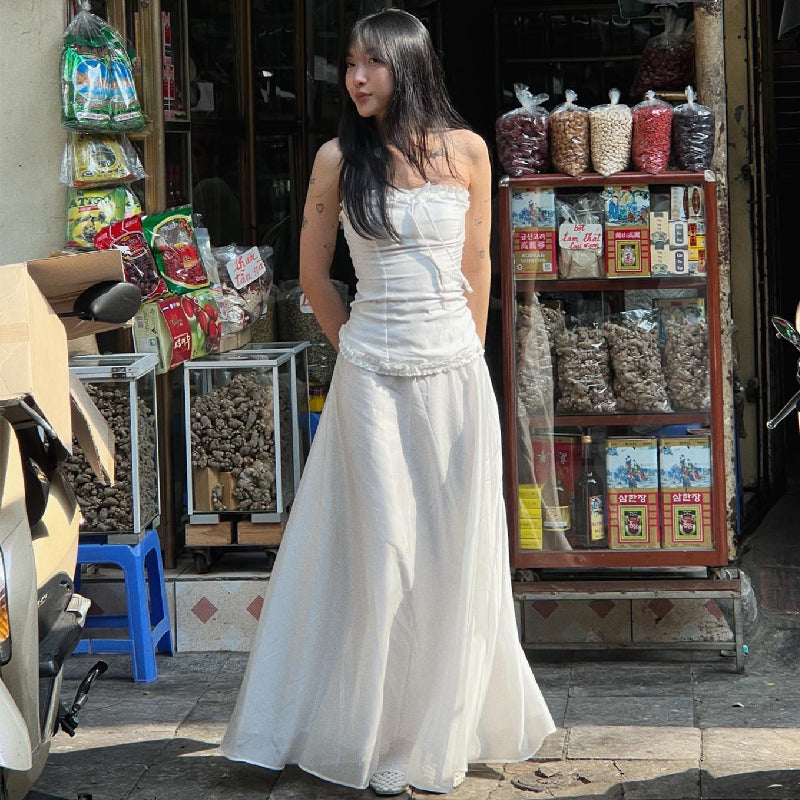2PCS White Strapless Lace Ruffle Top + Long Skirt Set