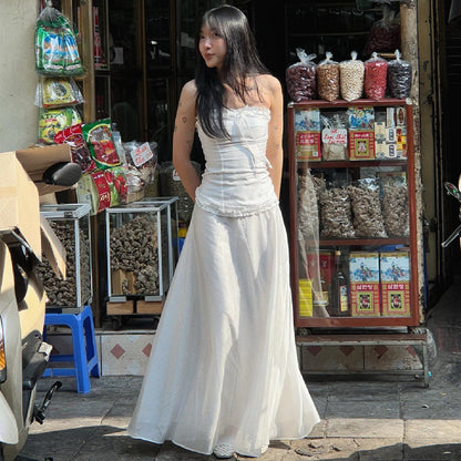 2PCS White Strapless Lace Ruffle Top + Long Skirt Set
