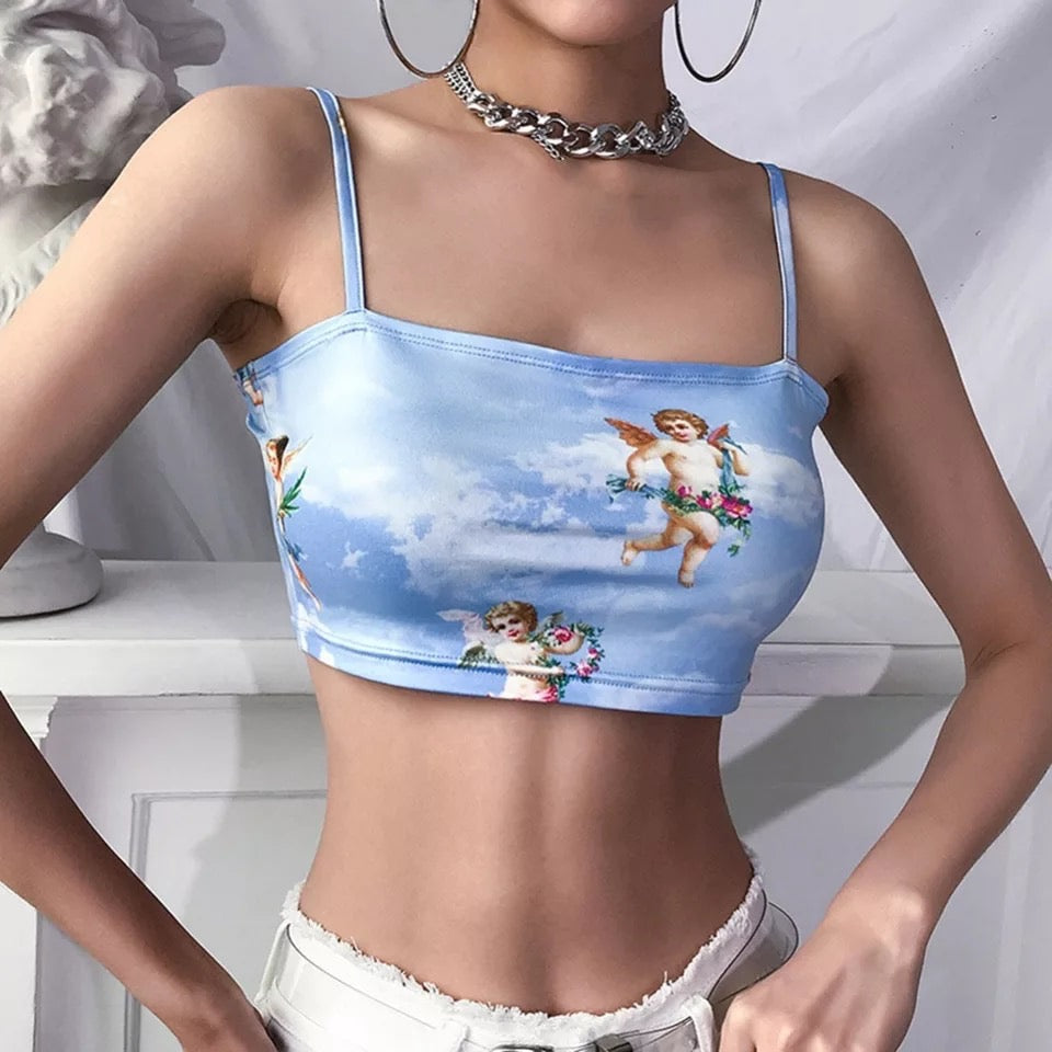 Cute Cupid Angel Love Print Crop Top Camisole Spaghetti Strap Tank Shirt Tee T-shirt E-Girl Kawaii Korean Japanese Harajuku Retro Streetwear Aesthetic