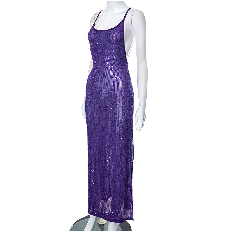 Purple Sequin Split Bodycon Dress