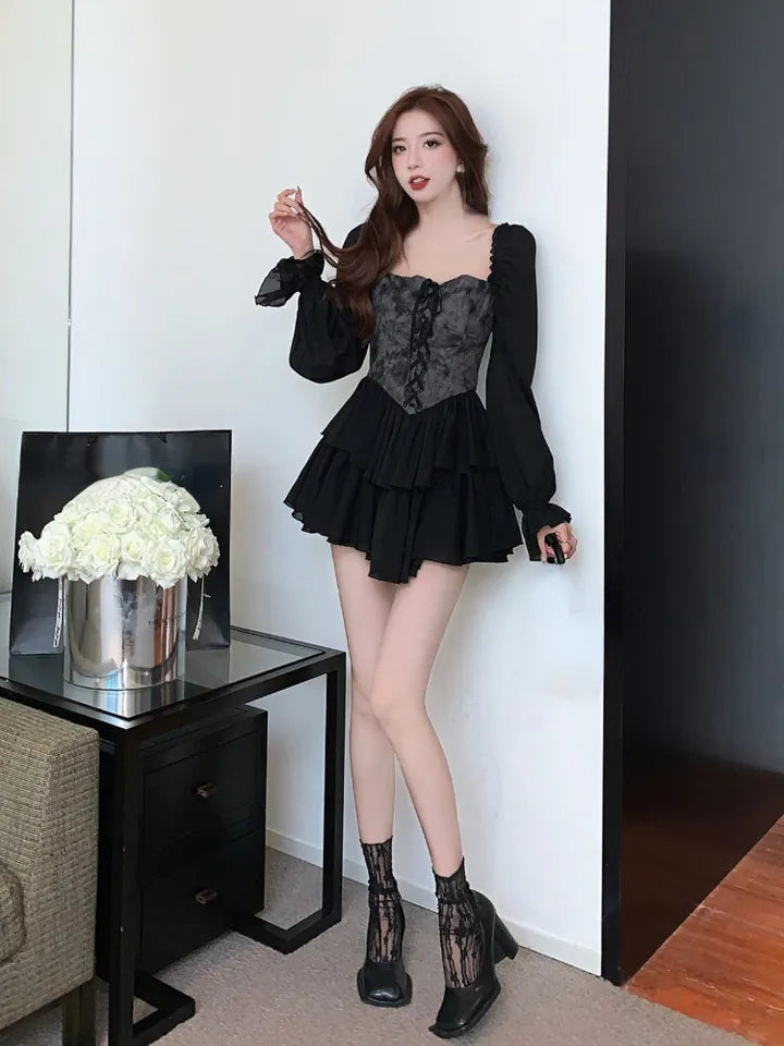 Black Floral Corset Long Sleeve Dress