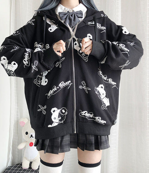 Teddy Bear Scissors Print Hoodie Zip Up Sweater Sweatshirt Long Sleeve Pullover Jumper Goth Punk E-Girl Kawaii Korean Japanese Harajuku Streetwear