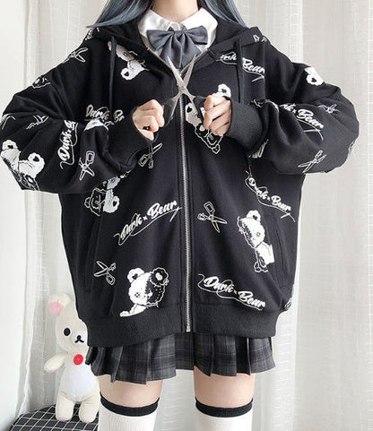 Teddy Bear Scissors Print Hoodie Zip Up Sweater Sweatshirt Long Sleeve Pullover Jumper Goth Punk E-Girl Kawaii Korean Japanese Harajuku Streetwear