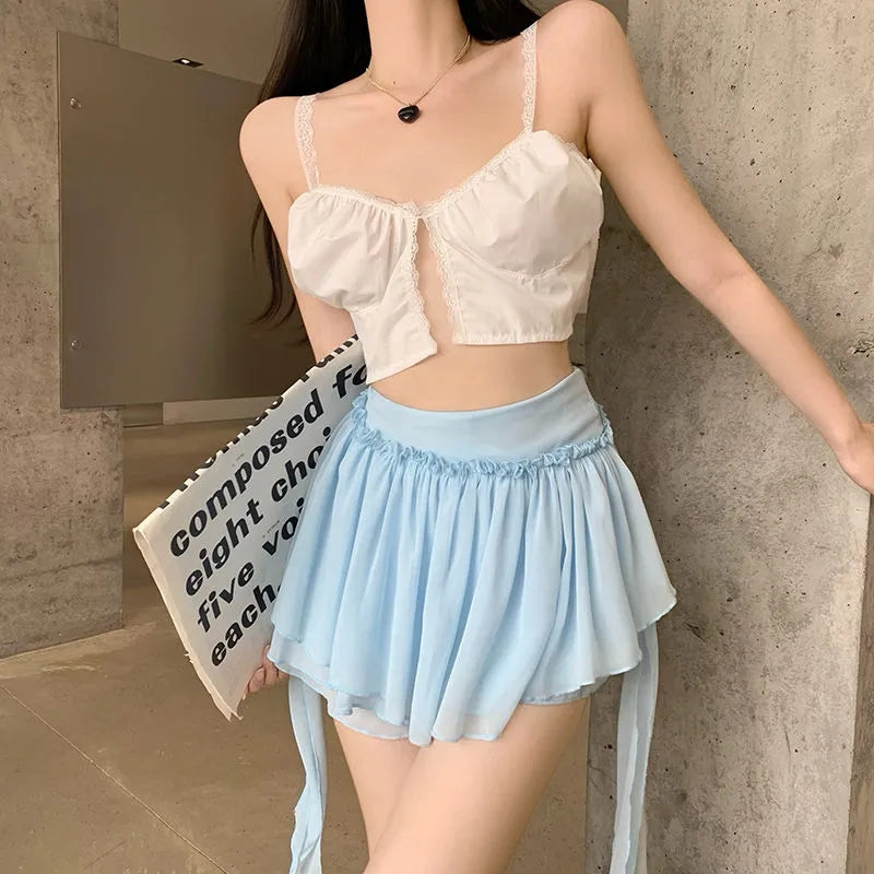 Blue Ruffle High Waist Tulle Mini Skirt