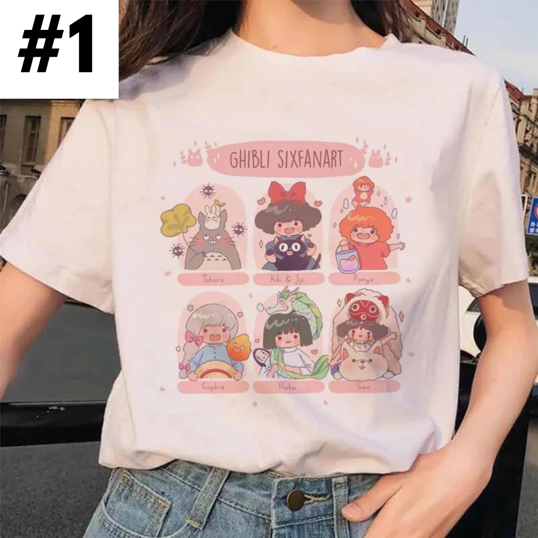 Cute Japanese Anime Cartoon Graphic Print Loose White Short Sleeve Shirt