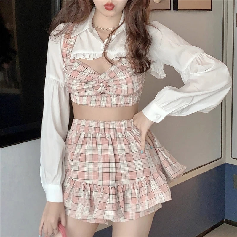 Cute 3 Piece Pink Plaid Gingham Print Set White Blouse With Crop Top And High Waist Ruffles Skirt Summer E-Girl Kawaii Korean Japanese Harajuku