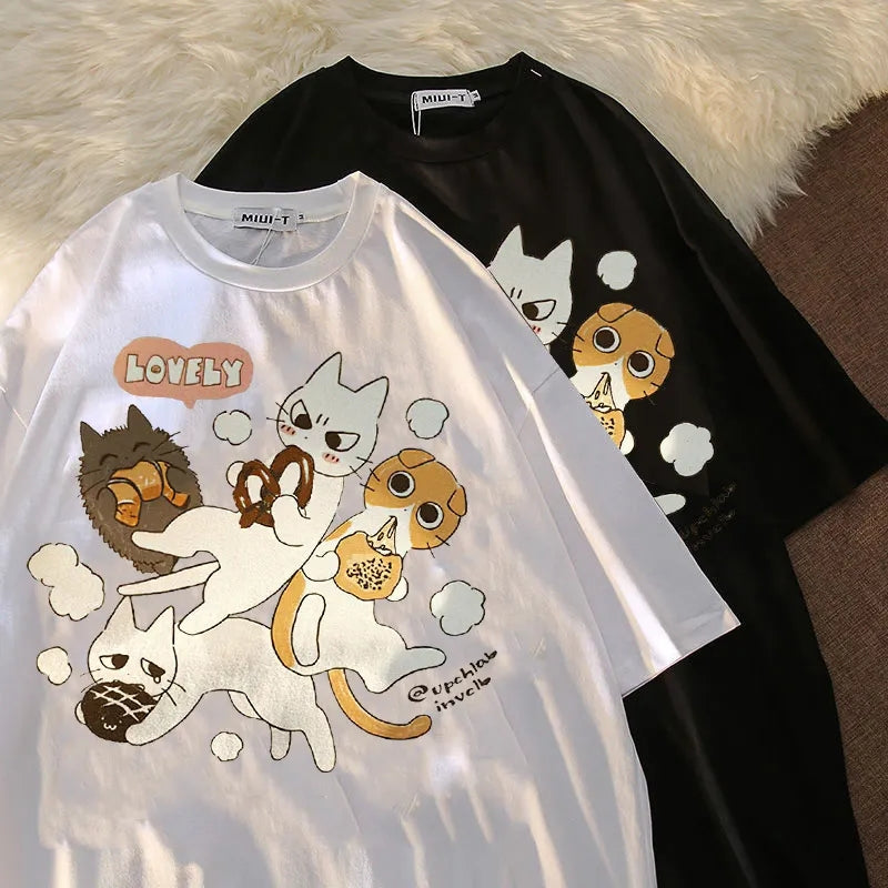 Cat Cartoon Print Short Sleeve T-shirt