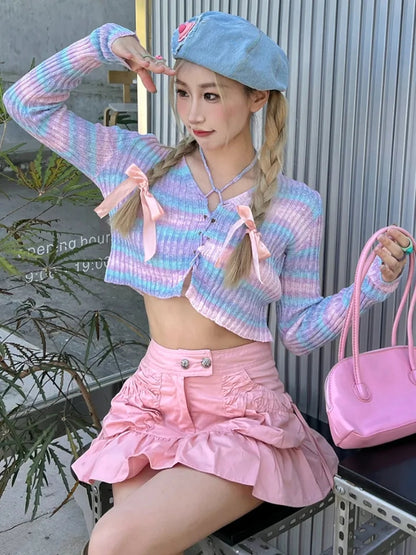 Rainbow Striped V Neck Cropped Cardigan