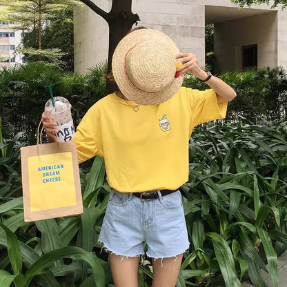 Cute Summer Banana Milk Drink Embroidery Yellow White Casual Short Sleeve Tee Shirt T-shirt Top E-Girl Kawaii Korean Japanese Harajuku Streetwear