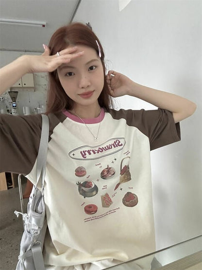 Strawberry Cake Print Short Sleeve T-shirt