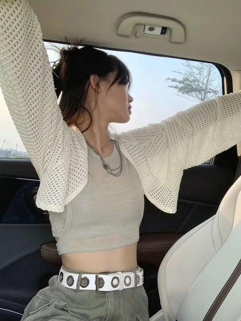 White Hollow Out Cropped Cardigan