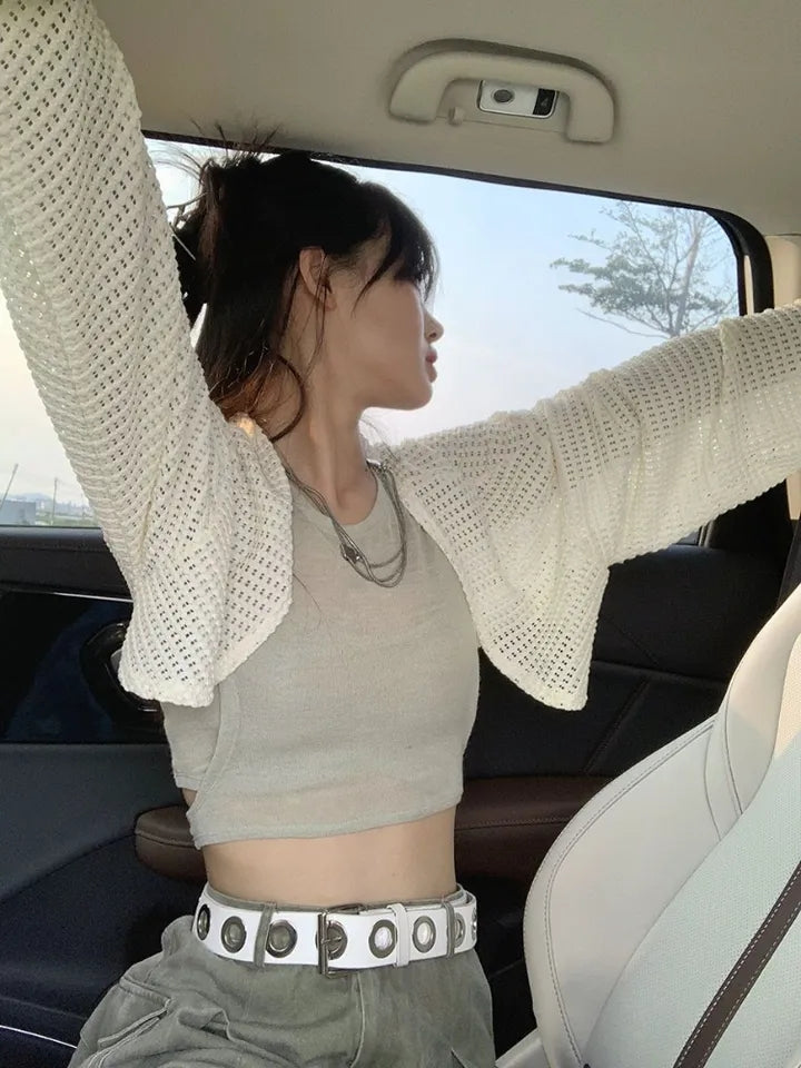 White Hollow Out Cropped Cardigan