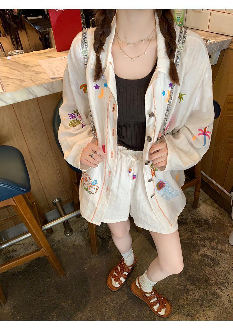 Sweet Embroidery Stripe Long Sleeve Blouse