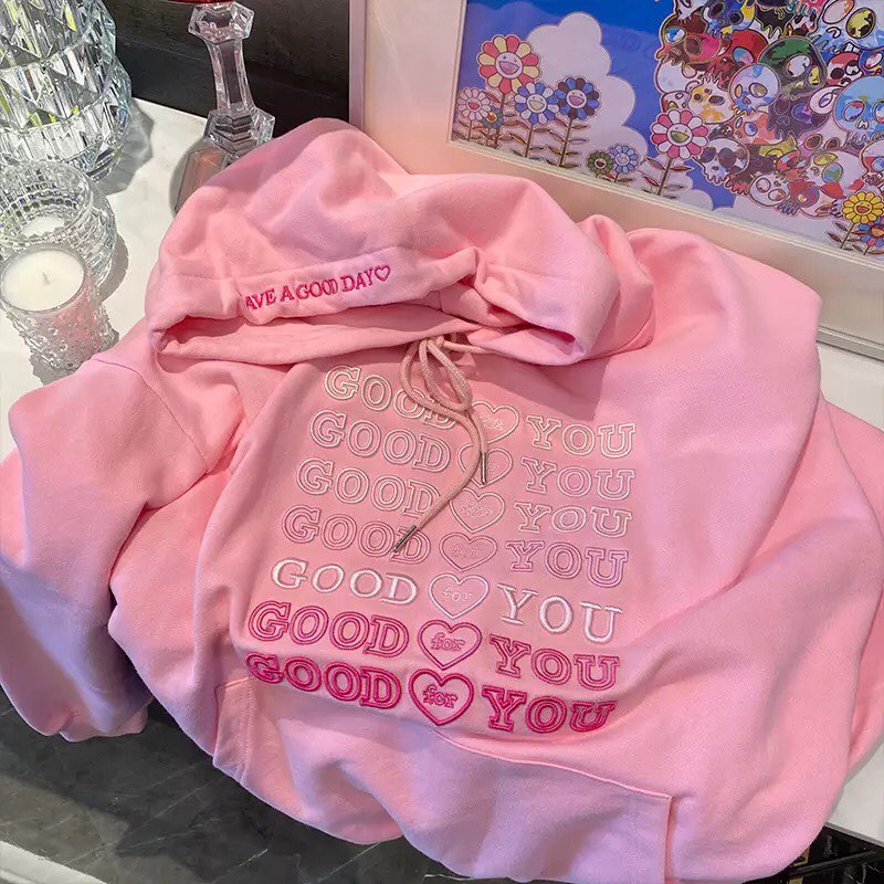 Cute Pink Love Heart Good For U Oversized Hoodie Sweatshirt Long Sleeve Pullover Jumper Sweater E-Girl Kawaii Korean Japanese Harajuku Streetwear