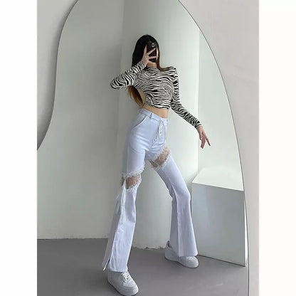 Cute White Lace Hollow Out Side Split High Waist Flare Denim Jeans Pants Trousers Summer Aesthetic Casual E-Girl Kawaii Korean Japanese Harajuku