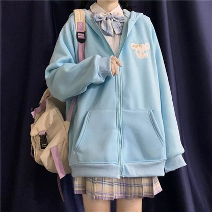 Cute Rabbit Ears Embroidery Loose Long Sleeve Sweatshirt Zip Up Hoodie Aesthetic Casual E-Girl Kawaii Korean Japanese Harajuku