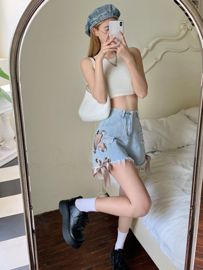 Ribbon Bow High Waist Denim Shorts