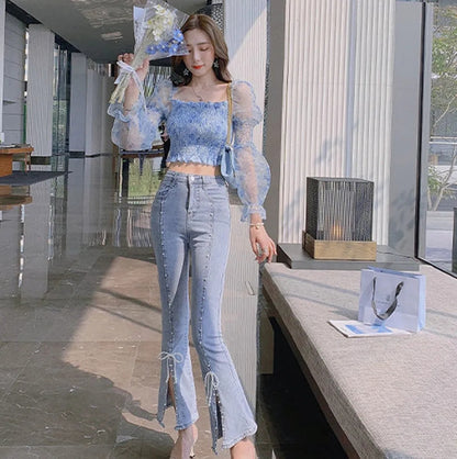 Chic Pearl Bowknot Bead High Waist Jeans