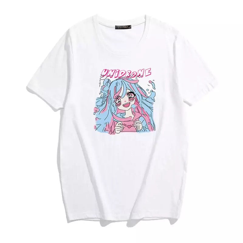 Cute Sweet Vintage Pastel Pink Anime Girl Cartoon Print Short Sleeve Shirt Loose T-shirt Top E-Girl Kawaii Korean Japanese Harajuku Streetwear