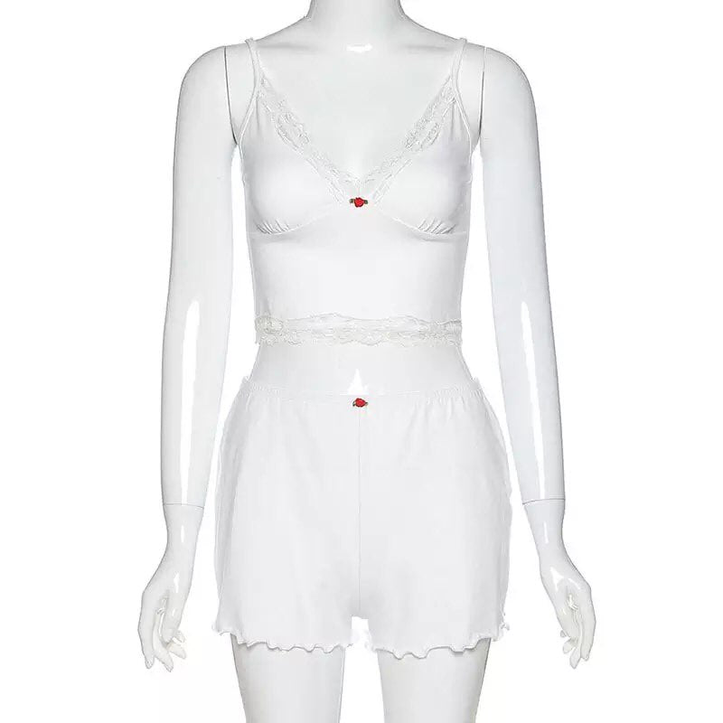 Rose Embroidery 2pcs Set Tracksuit Crop Top + Shorts Pajama Set Loungewear Summer Aesthetic Casual E-Girl Kawaii Korean Japanese Harajuku