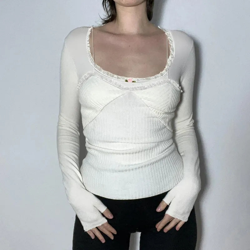 White Lace Trim Square Collar Long Sleeve Shirt