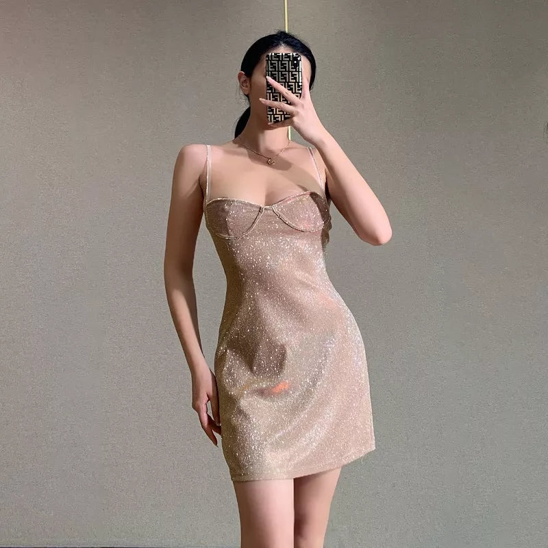 Cute Sexy Sparkle Rhinestone Mini Dress Low Neck Sleeveless Backless Night Club Bodycon Summer Aesthetic Casual E-Girl Kawaii Korean Japanese Harajuku