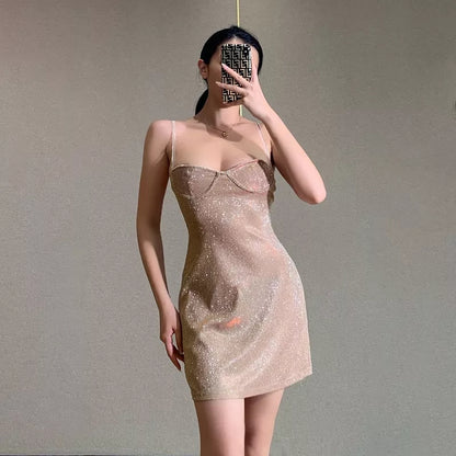 Cute Sexy Sparkle Rhinestone Mini Dress Low Neck Sleeveless Backless Night Club Bodycon Summer Aesthetic Casual E-Girl Kawaii Korean Japanese Harajuku