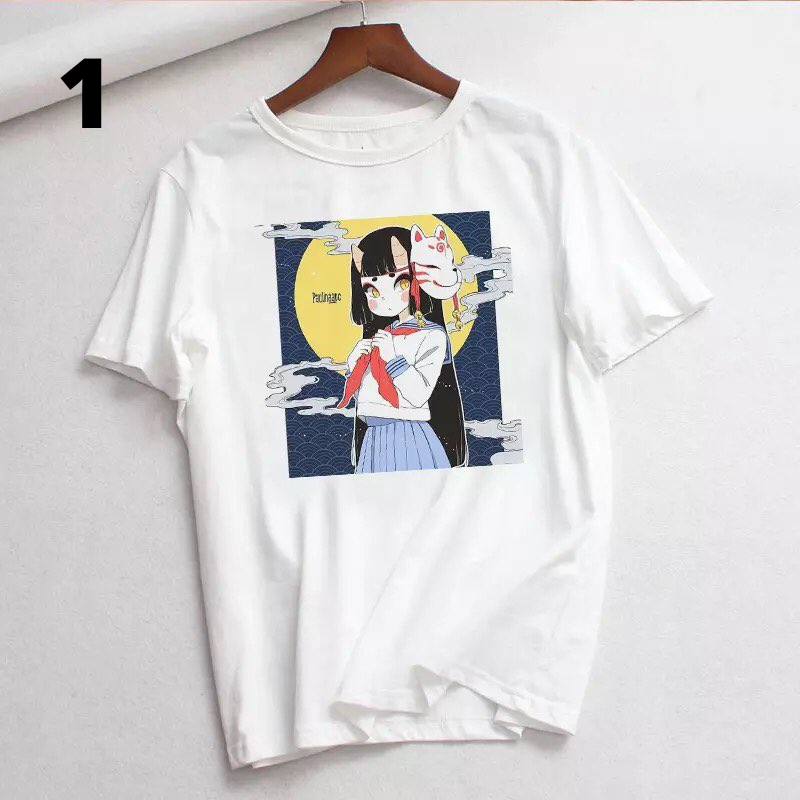 Anime Girl Goth Punk Horror Cartoon Print Loose Short Sleeve Short T-shirt Tee Top Summer Casual E-Girl Kawaii Korean Japanese Harajuku Streetwear
