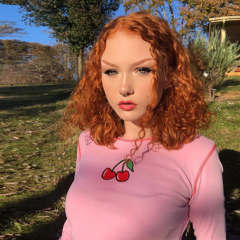 Cute Pink Cherry Fruit Embroidery Crop Top Long Sleeve Shirt T-shirt Causal Tee Summer E-Girl Kawaii Korean Japanese Harajuku Streetwear