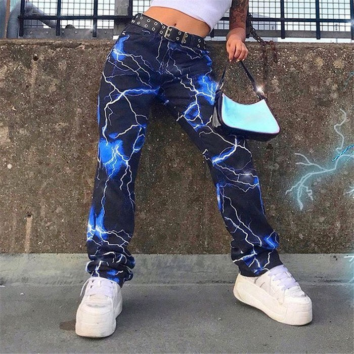 Cute Retro Vintage 90s Funky Lightning High Waisted Cargo Trousers Pants Colorful Print Aesthetic E-Girl Kawaii Korean Japanese Harajuku Streetwear