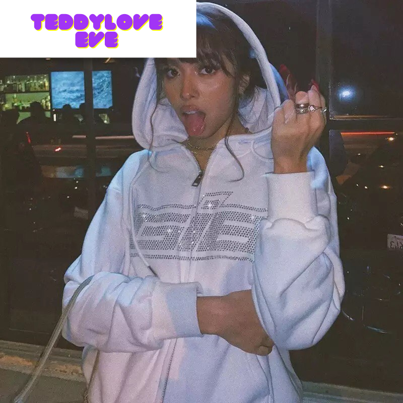 Cute Retro 90s Rhinestone Bling Crystal Zipper Hoodie Long Sleeve Pullover Jumper Sweater Aesthetic E-Girl Kawaii Korean Japanese Harajuku Streetwear