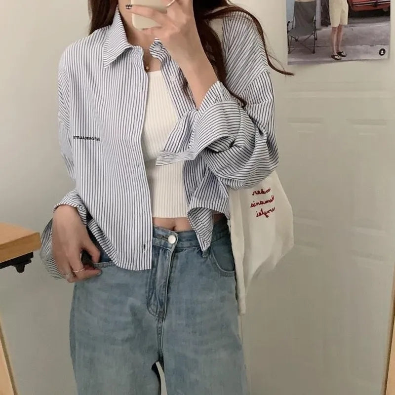 Blue Stripe Cropped Long Sleeve Shirt
