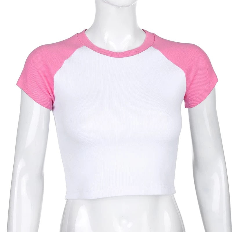 Cute Pink White Contrast Basic Crop Top Short Sleeve Shirt Tee T-shirt Kawaii Korean Japanese Harajuku Chinese Retro Streetwear Aesthetic Fashion