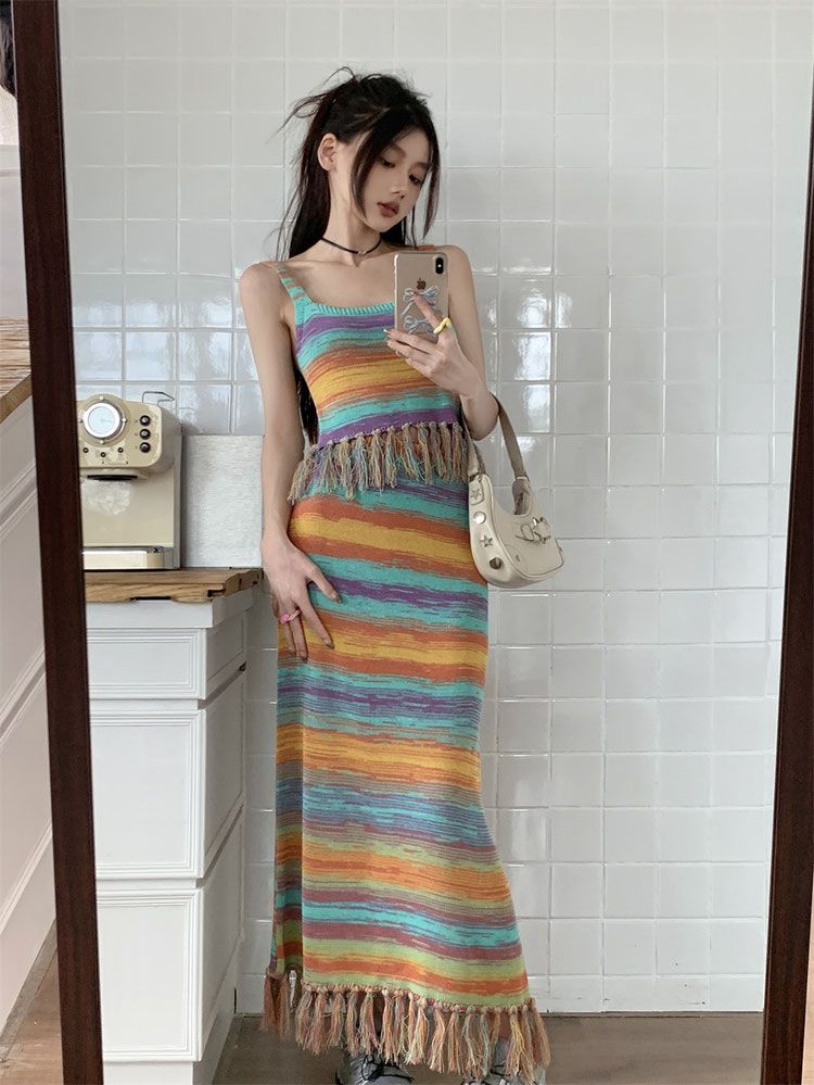 Rainbow Stripe Tassel Tank Top + Maxi Skirt