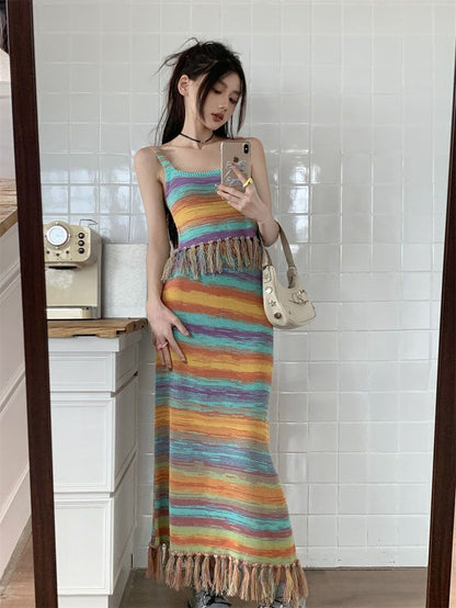 Rainbow Stripe Tassel Tank Top + Maxi Skirt