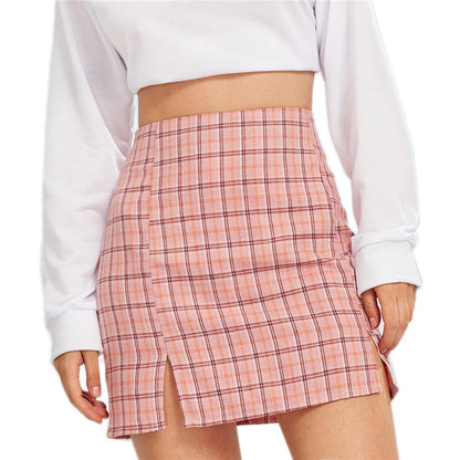 Cute Pink Black Plaid Check Print Split Bodycon A-Line High Waisted Mini Skirt Bottom E-Girl Kawaii Korean Japanese Harajuku Retro Streetwear Fashion