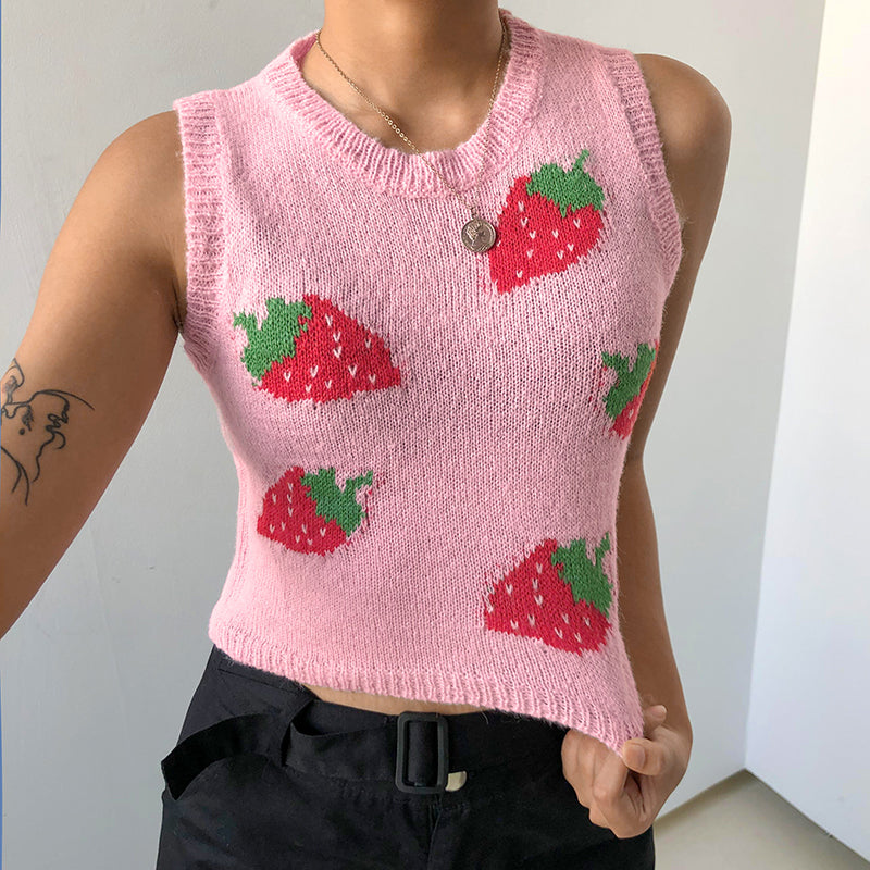 Cute Pink Strawberry V Neck Sleeveless Knit Crop Top Sweater Sweatshirt Pullover Jumper E-Girl Kawaii Korean Japanese Harajuku Streetwear