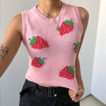 Cute Pink Strawberry V Neck Sleeveless Knit Crop Top Sweater Sweatshirt Pullover Jumper E-Girl Kawaii Korean Japanese Harajuku Streetwear