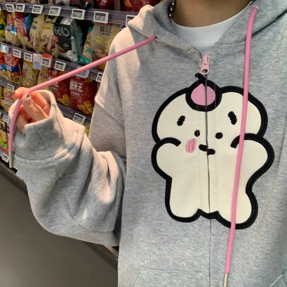 Bear Graphic Print Zipper Hoodie
