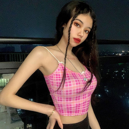 Cute Sexy Pink Checkered Plaid Tank Cami Crop Top Shirt Tee T-shirt E-Girl Kawaii Korean Japanese Harajuku Chinese Retro Streetwear Aesthetic