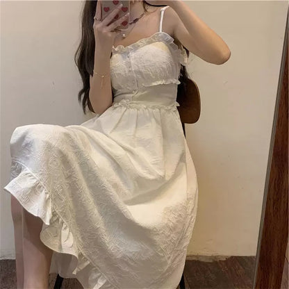 Cute White Ruffle Maxi Dress Fairy Strap Tank Lace Sundress Party Cottage Aesthetic Casual Summer E-Girl Kawaii Korean Japanese Harajuku