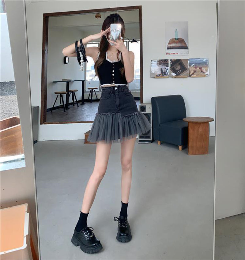 Black Tulle Patchwork Denim Skirt