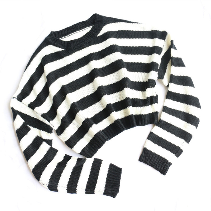 Cute Black White Stripe Loose Oversize Crop Sweater Long Sleeve Shirt Sweatshirt Pullover Casual E-Girl Kawaii Korean Japanese Harajuku Streetwear
