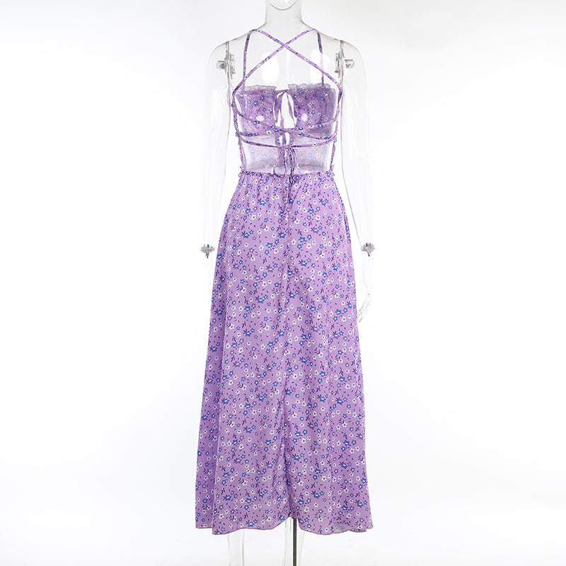Purple Floral Ruched Satin Slip Maxi Dress