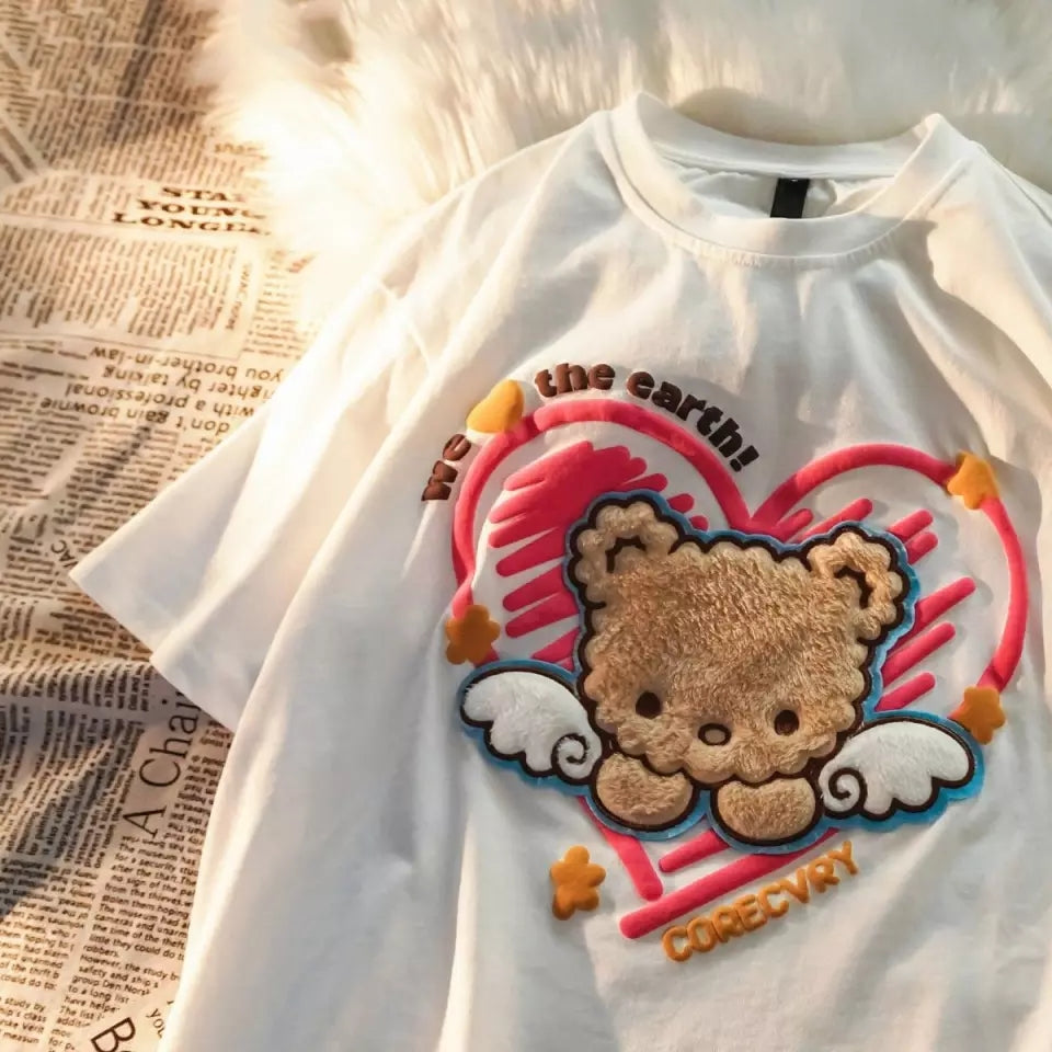 Cute Plush Bear Angel Love Heart Print Sleeveless Short Sleeve Shirt Top Aesthetic Casual E-Girl Kawaii Korean Japanese Harajuku