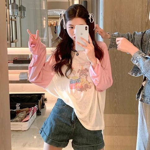 Pink Teddy Bear Patchwork Long Sleeve Shirt
