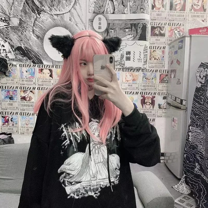 Pastel Pink Anime Girl Cartoon Loose Casual Hoodie Sweatshirt Sweater Long Sleeve Pullover Jumper E-Girl Kawaii Korean Japanese Harajuku Streetwear