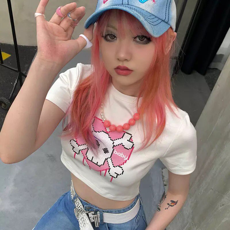 Cute Pink Love Heart Skull Print Short Sleeve T-shirt Crop Top Summer Casual Goth Punk E-Girl Kawaii Korean Japanese Harajuku Streetwear